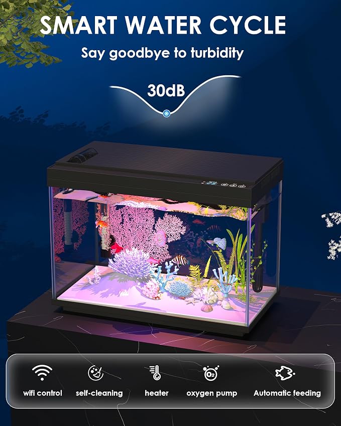 Smart Fish Tank Starter Kit with Smart Temperature Display & Wireless Control, 5.8 Gallon Fish Tank Self Cleaning, 3-in-1 Quiet Filter Pump, 7-Color LED, Heater, Feeder for Beginner Aquarium