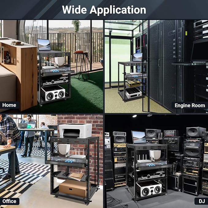 15U Open Frame Server Rack, Wall-mountable IT Rack w/Swivel Casters, 2 Rack Shelves, Top & Bottom Panels, Network Rack for Stereo/Computer/Data/IT/AV Equipment, 19.7”L x 18.8”W x 32.3”H