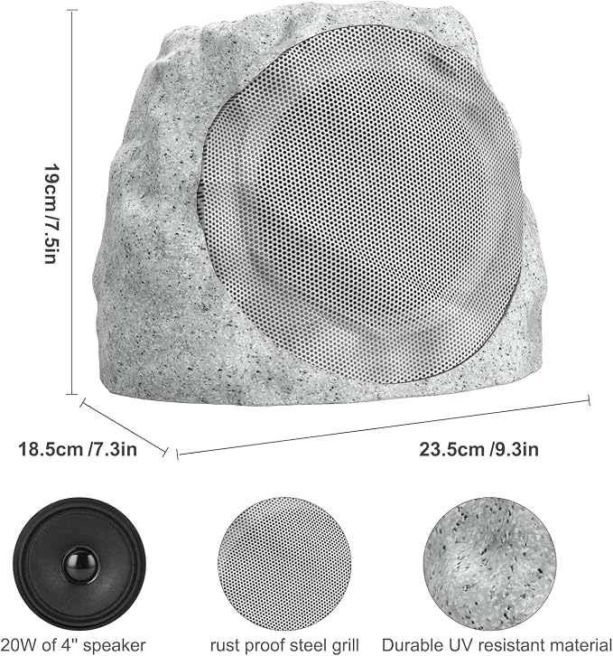 Outdoor Speakers Solar Powered & USB-C Rechargeable, Rock Speakers TWS Pairing Wireless Outdoor Speaker Bluetooth 5.4, LED Light Show, Waterproof, ideal for Backyard BBQ, Garden, Poolside (2-Pc,Grey)