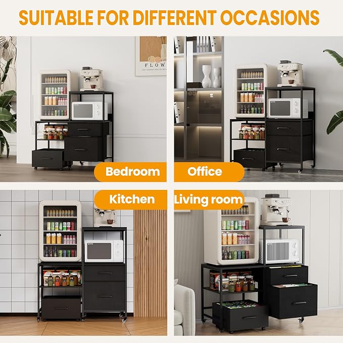 Mini Fridge Stand with Rolling Basket Cart, 300 lb Load Capacity Storage Rack with 3 Drawers and Lockable Wheels – Rustic Brown and Black Cabinet with Fabric Drawers, Ideal for Dorms, Apartments, Home