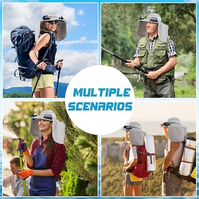 Chuarry Wide Brim Sun Hat with 2 Solar Fans and Neck Flap Outdoor Solar Powered USB Charging Bucket Fishing Hat for Men Women