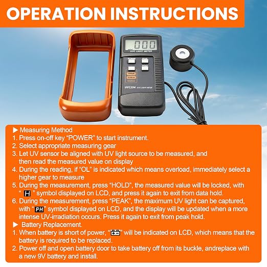 UV Light Meter Professional UV Monitors Measurable of UVA UVB & UVC Light Measure Tester with 320~390nm Range Portable UV Sunlight Tester (Model UVC254)