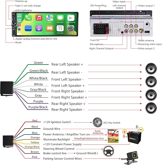 Single Din Car Stereo with Wireless Apple CarPlay & Android Auto, 6.5" IPS Touchscreen Bluetooth, Single Din Car Radio with Backup Camera, GPS Navigation, USB/Type-C, FM/AM, EQ, AUX, MIC