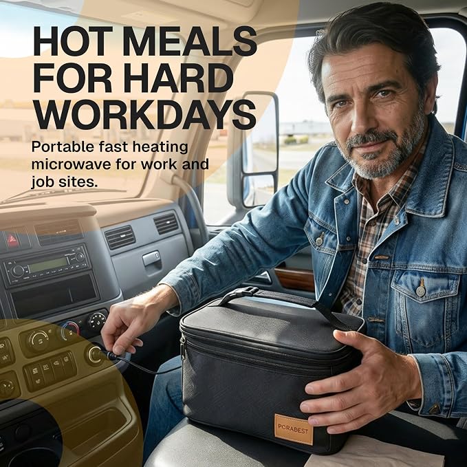 FORABEST Portable Microwave Food Warmer - Electric Lunch Box 80W with Insulated Bag and Utensils - 12V/24V Car/Truck & 110/220V Home/Office Use - Fits up to 10 x 7 x 5 Inches Containers - Black