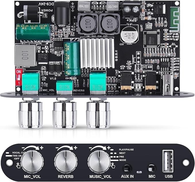 ZK-1001UM Bluetooth 5.3 Amplifier Board, 100W Mini Mono Audio Amp with TWS Box, DC 9-24V Boost Circuit Amps for Home Outdoor DIY Speakers, MIC and Reverb, USB/AUX Input, (2 Pack)
