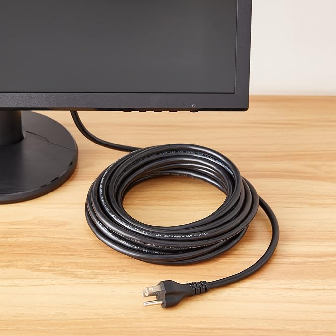 Amazon Basics Universal PC Power Cable, 25 Feet, NEMA 5-15P to IEC320C13, 3 Prong Plug, 18 AWG, 125 Volts, UL Listed, Black (Pack of 2)