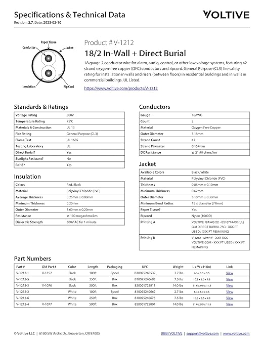Voltive 18/2 Low Voltage Wire, in-Wall CL3 & Direct Burial, Black, 500ft - 18AWG, 2 Conductors, Stranded Bare Copper, UL Listed - V-1212-3
