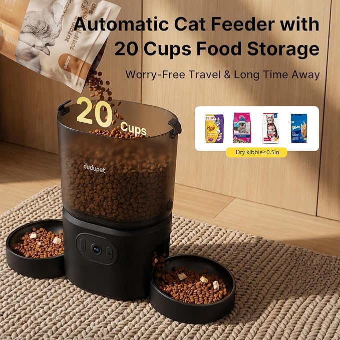Automatic Cat Feeder for 2 Cats with 3 Camera: 5G WiFi Auto Pet Feeder Dual Stainless Steel Bowls, 1080P HD Night Vision Remote App Control Timed Dispenser 1-10 Meals for Multi-Cat Households