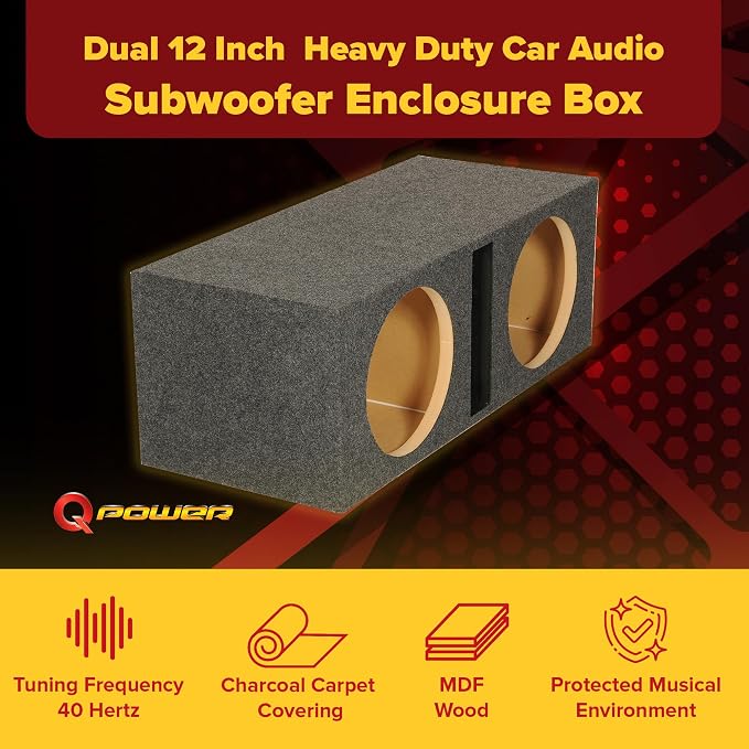 QPower QBASS Dual 12 Inch Car Audio Subwoofer Box, Charcoal Gray Carpet Finish - MDF Woofer Enclosure, Single Slot Port Vent, Deep Bass Sound System for Truck and Stereo