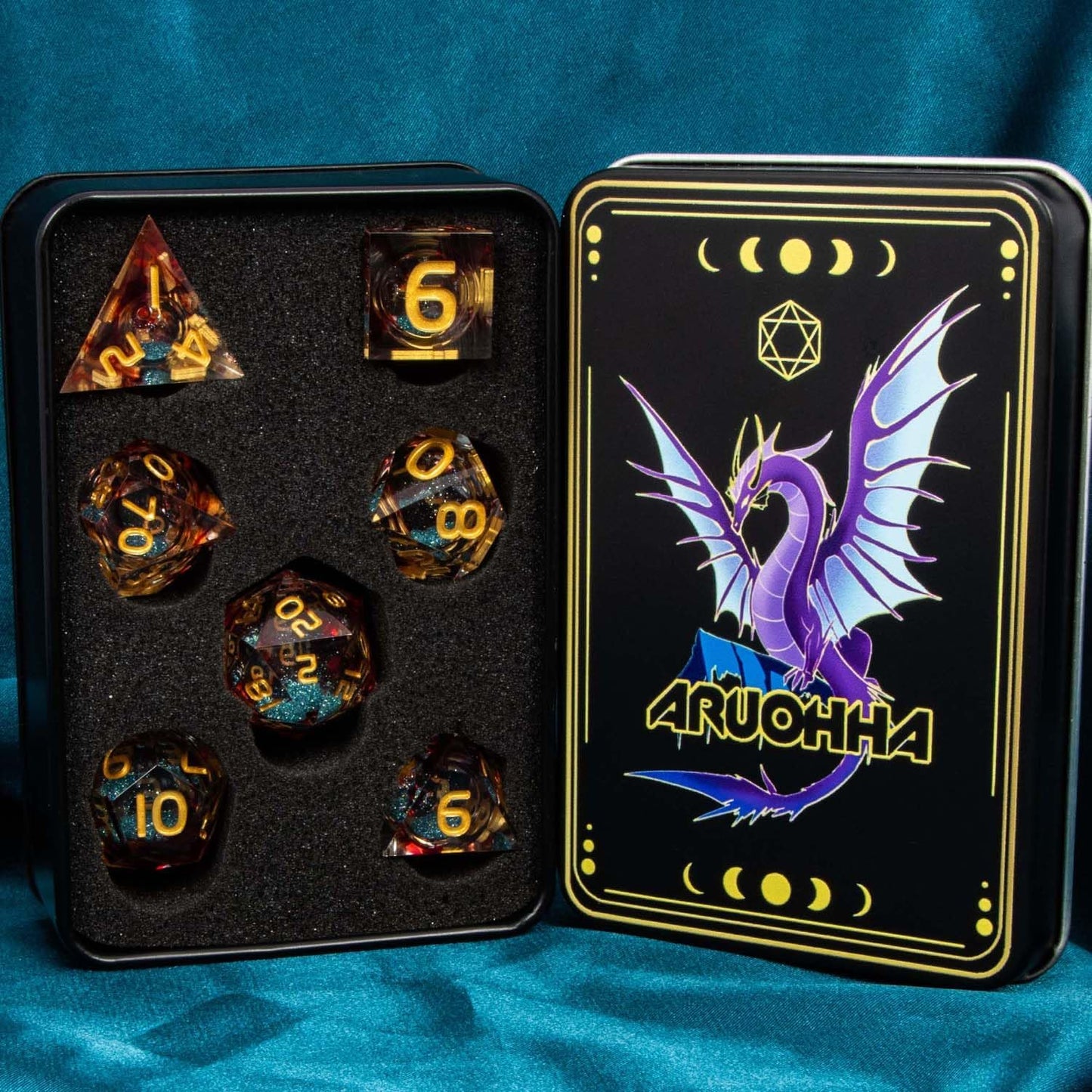 ARUOHHA Liquid Core DND Dice Set, 7pcs Resin Sharp Edged Dice RPG Red Blue Polyhedral D and D Dice with Gift Box, Role Playing Dice Set D20 D12 D10 D8 D6 D4