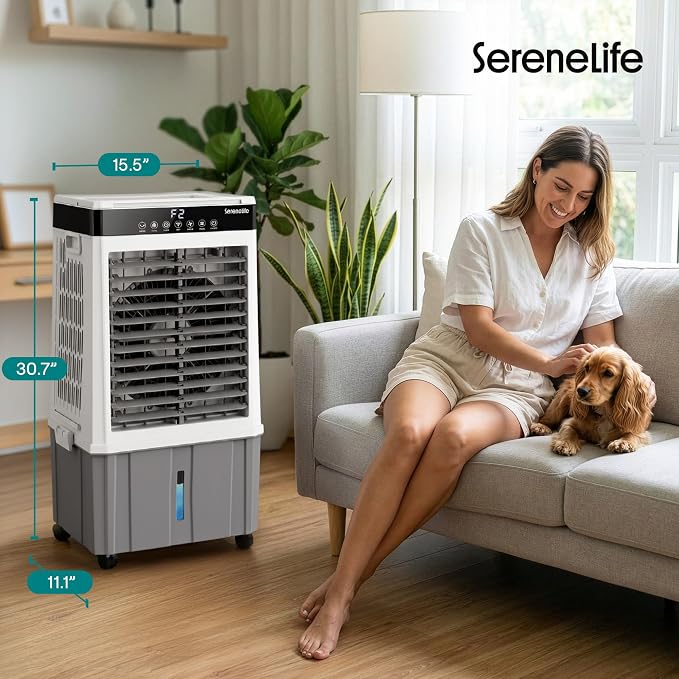 SereneLife Portable Air Cooler with 2200 CFM Power - High-Performance Evaporative Air Cooler for Indoor and Outdoor Spaces, 21 L Tank, Oscillation, 24-Hour Timer, Remote Control Cooling System