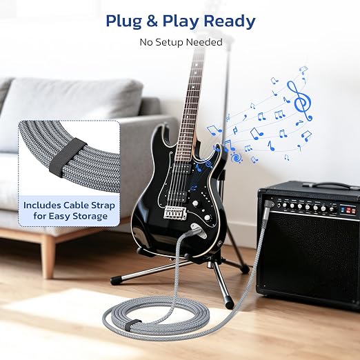 RUXELY 6.35mm TRS Instrument Cable 6.6FT 2-Pack,Right Angle 1/4 Inch Male Jack Stereo Audio Cord,6.35 Balanced Line Lead for Electric Guitar,Bass,Keyboard,Mixer,Amplifier/AMP,Speaker,Equalizer