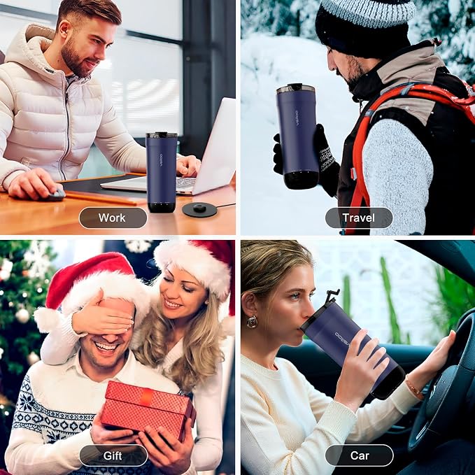 Vsitoo S5 Self Heating Travel Mug 16oz, Rechargeable Coffee Mug with Car Charger Kit, AI Auto-Sensing Temp Control Heated Cup for Home Office Car, App Control, Gift Women Men - Blue