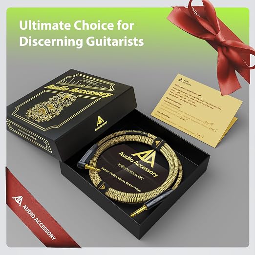 AA AUDIO ACCESSORY Gold Series Right Angle Guitar Cable 3.3 ft (Gold-Plated Neutrik Connectors) 16 AWG, Kevlar Reinforced Braided 1/4 Instrument Cord for Electric Amp Bass, 100% Shielded, Yellow/Black