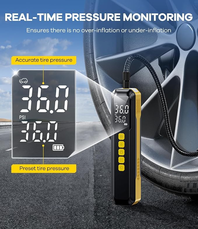Tire Inflator Portable Air Compressor, 150PSI Air Pump for Car Tires with LED Light, Cordless Tire Pump with Digital Pressure Gauge, Tire Inflator for Car, Bike, Motorcycle, Ball (Yellow-length)