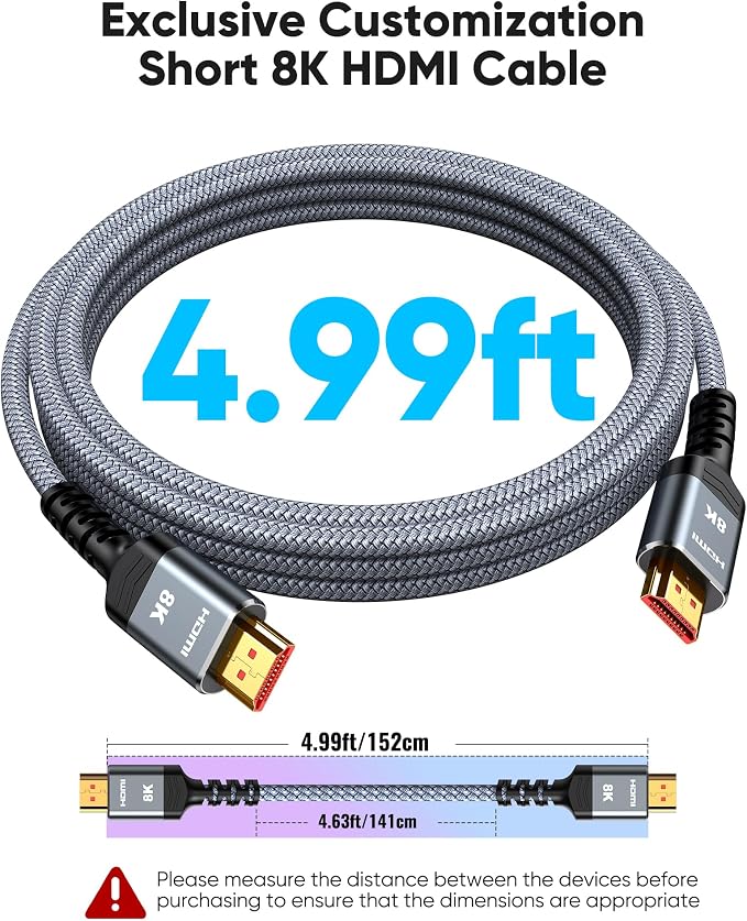 Highwings 10K 8K 4K HDMI Cable 48Gbps 5FT/1.5M, Ultra High Speed HDMI Cable 2.1 Braided Cord-4K@120Hz 8K@60Hz, DTS:X, HDCP 2.2 & 2.3, HDR 10+ Compatible with DVD Player/PS5/PS4/UHD TV/Blu-ray