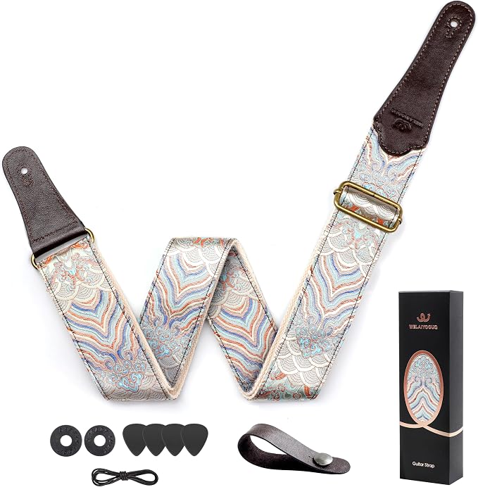 Guitar Strap, Electric& Acoustic Bass Guitar Straps,Embroidered Filament with Head Cowhide Leather Strap, with Free Strap Button,2 Guitar Strap Locks,4Guitar Pick (Blue Water Pattern)