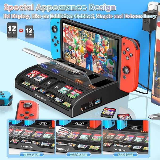 Fenolical TV Switch Dock Station for Nintendo Switch/OLED, Support 4K/1080P HDMI Charger Docking Station for Joycon Controller Accessories for PS3 Skins with 12 Game Slots (Black)