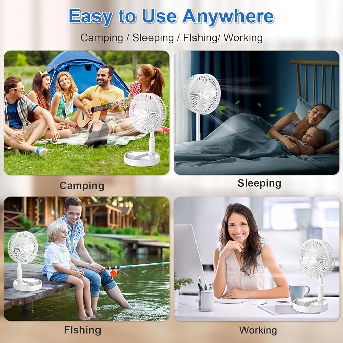 Portable Standing Fan with Solar Panel, Battery & Solar Powered Fan for Travel, 8" Rechargeable USB Foldable Compact Pedestal Fan, 3 Speeds Quiet Telescopic Desk Fan for Home Bedroom Camping