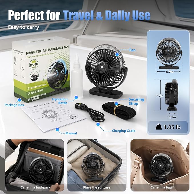 2 Pack Magnetic Cruise Ship Approved Fan, 12000mAh Battery Travel Fan with Power Bank Function, Cold Mist Spray, LED Lights, Portable Fan for Golf Cart, Camping, Cruise Must Haves Essentials 2026