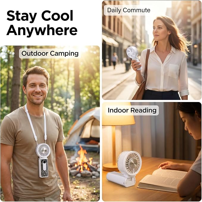 Portable Handheld Fan with Ice Cooler, 90° Flip Head, 3-in-1 Handheld Neck Desk Rechargeable Personal Fan,Up To 12H, 1-100 Speed 3600mAh 15000Rpm, for Travel Camping Home, Transparent, White