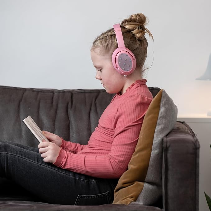 BuddyPhones Cosmos Fun | Wired or Wireless Foldable ANC Bluetooth Headphones + Microphone - SafeAudio Volume-Limiting Options, for Toddlers to Young Adults (Pink)