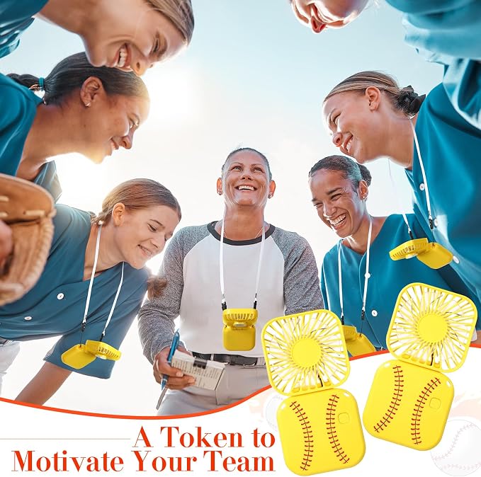 Retisee 12 Pcs Baseball Mini Portable Handheld Fans 3 Speed USB Rechargeable Necklace Fans Bulk 180° Foldable Electric Personal for Sport Party Favors Team Game Gift(Yellow,Softball)