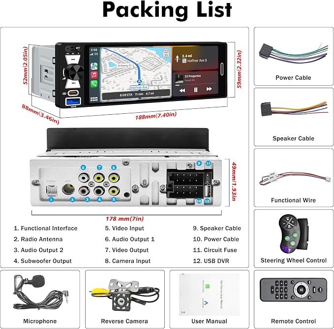 6.5" Single Din Touchscreen Radio with Wireless Apple CarPlay & Android Auto, FM/AM,Car Stereo with Bluetooth 5.2, 180W Audio, 20-Band EQ,USB/Type-C,Mirror Link,External Mic,8-LED Backup Camera,SWC