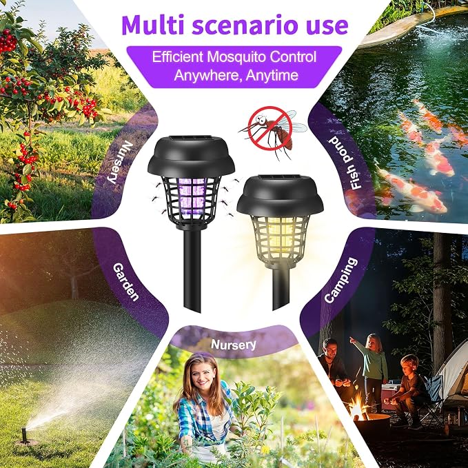 4 Pcs Solar Bug Zapper Outdoor Waterproof Mosquito Repellent Light Solar Power Fly Killer Lamps for Moths, Gnats, Fly, Small Flying Insect Backyard Garden Lawn (Plastic,Purple & Warm Light)