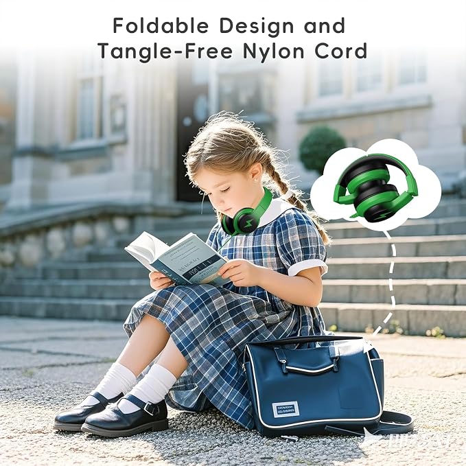 Candy Bila Kids Headphones, Wired Headphones for Kids Over Ear with Microphone, Foldable Headphone for Learning & Entertainment, Black and Green