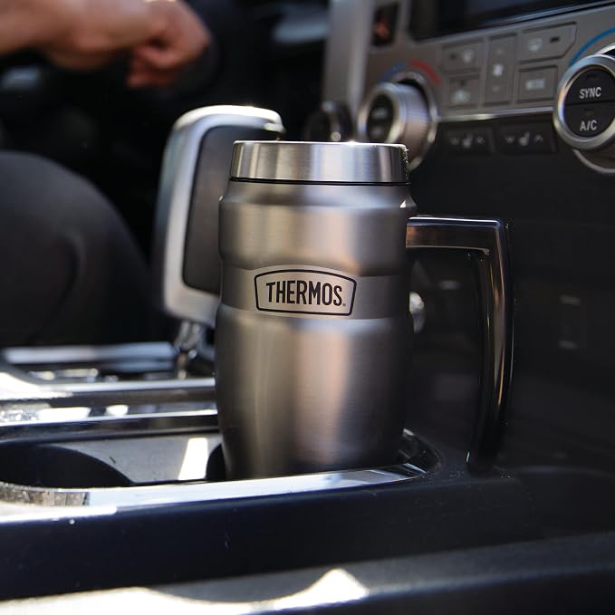THERMOS Stainless King Vacuum-Insulated Travel Mug with Handle-16oz,Matte Steel-Thermos Tumbler for Hot&Cold Drinks-Leak-Proof&Sweat-Proof Stainless Steel Coffee Mug with Lid for Commuting,(Pack of 4)
