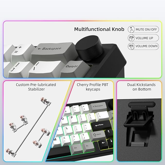Womier Wireless 60% Gaming Keyboard with CNC Knob, QMK/VIA Creamy Mechanical Keyboard, Tri-Mode Thocky Custom Black White Key Board, Hot Swappable Gasket Mount RGB for Win/Mac(Q61 V2)