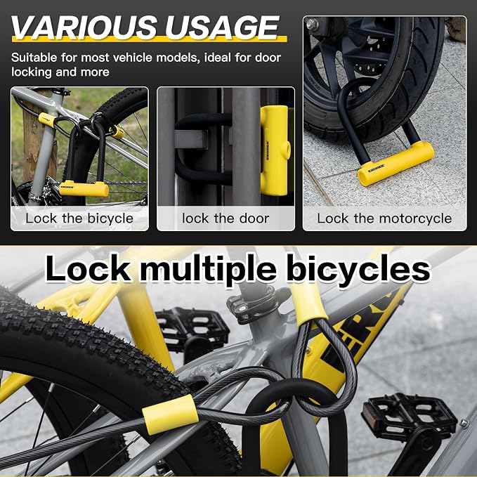 Bike U Lock with 5ft Security Steel Cable,Heavy Duty Anti Theft Bike U Lock,20mm Shackle, with Mounting Bracket, 3Keys,Lock for Door Gate Motorcycle Scooter