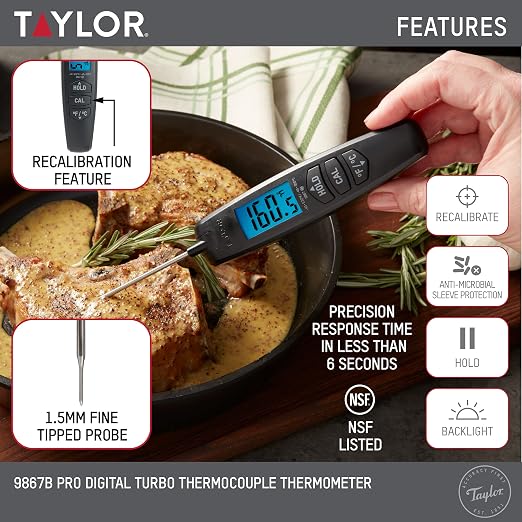Taylor Digital Turbo Instant Read Thermocouple Meat Food Grill BBQ Cooking Kitchen Thermometer, Folding Probe, Black