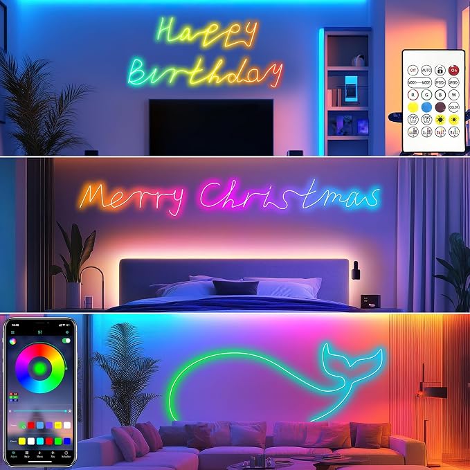 Cozylady RGB Neon Light LED Rope Light,Waterproof Bluetooth APP Remote Control Music Sync Strip Light,24V Flexible DIY Silicone Light for Bedroom Home Indoor Outdoor Decoration(36m/120ft)