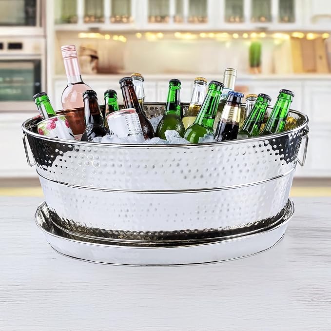 BREKX Aspen Stainless Steel Silver Beverage Tub with Stainless Steel Serving Tray - Heavy-Duty Metal Ice and Drink Bucket for Parties, Large Champagne Bucket with Tray for Mimosa Bar Supplies