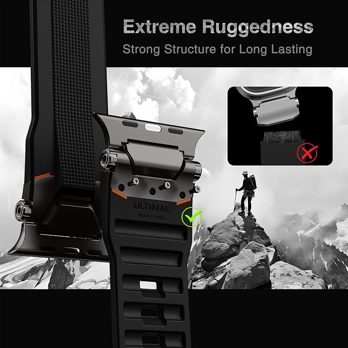ULTIMAL Rugged Band for Apple Watch Ultra 3/2/1 49mm, Series 11/10/9/8/7/6/5/4 SE 46mm/45mm/44mm, Waterproof, Soft TPU Strap with Stainless Steel Buckle & Connectors, Sweat-Resistant, Easy to Clean, Fits 155-225mm Wrist (Black/Black)