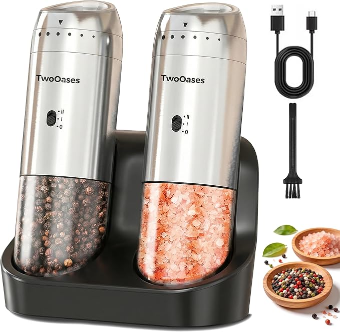Electric Salt and Pepper Grinder Set, Automatic Gravity Pepper Grinder with Charging Base, Rechargeable Stainless Steel Spice Mill, Adjustable Coarseness, Dual-Speed Control, LED Light, Large Capacity