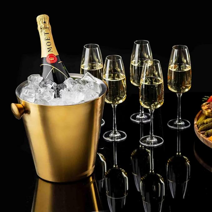 TableCraft 12931 Double Wall Wine Bucket with Knob Handles, 5 Quart Brushed Gold Stainless Steel Champagne Bucket, PVD Finish, Tapered Modern Design, Insulated Chilling Bucket for Bar or Tabletop