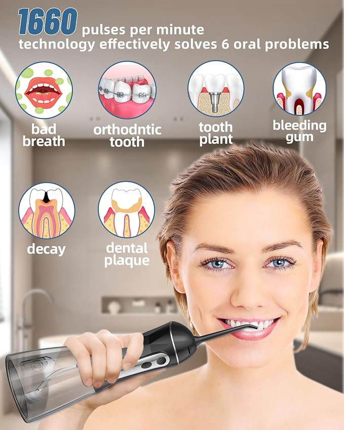 Electric Water Dental Flosser - Cordless Portable Teeth Cleaner, Rechargeable 320ML Larger Water Tank Oral Irrigator, 4 Modes with 5 Jet Tips and Travel Bag, IPX7 Waterproof (Black)