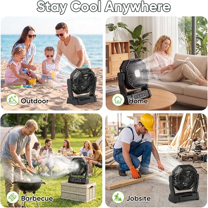 COZII Battery Operated Fan, 20000mAh Rechargeable Portable Fan with LED Lantern - 3 Colors, 4 Speeds, 4 Timing, Adjustable Head with Hook, Camping Fan for Table, BBQ, Beach, Hiking, Travel