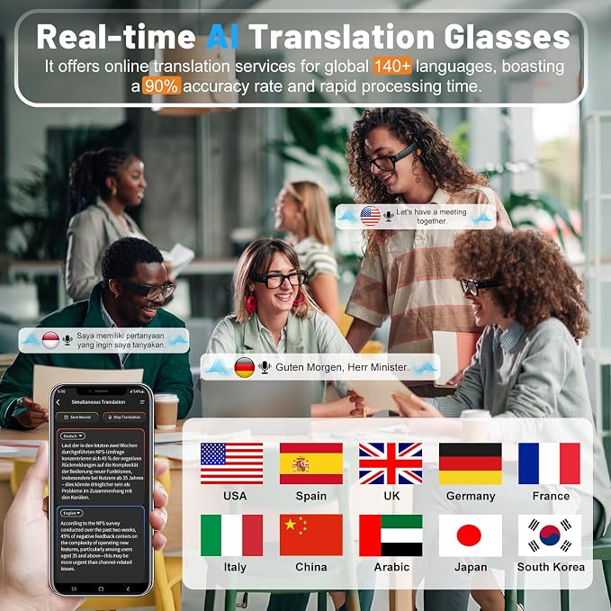 Smart Glasses with Camera, AI Translation Glasses Support 140+ Languages, 1080P Hands-Free Video Recording, IP65 Waterproof Bluetooth Glasses with Voice Assistant for Hiking Vlogging Business