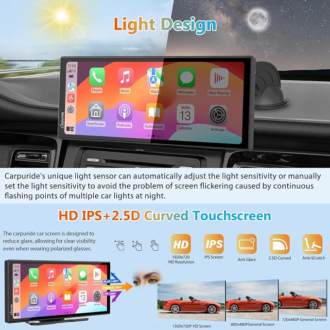 CARPURIDE 11.26 Inch HD Wireless Carplay & Android Auto Screen, 4K +1080P+1080P Dash Camera for Cars with 64GB Card, with Loop Recording, Bluetooth, GPS, FM, Super Link