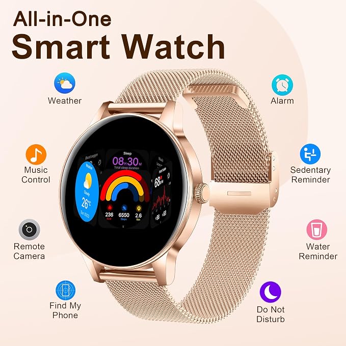 Smart Watches for Women, 1.27" HD Smart Watch for Android Phones & iPhones, Smartwatch Answer/Make Calls, Fitness Tracker with Heart Rate/Sleep/SpO2 Monitor, 110+ Sport Modes, 3 Bands (Rosegold)