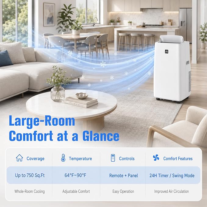 14000 BTU Portable Air Conditioners, 4-in-1 Cooling, Dehumidifier, Fan and Sleep - Quiet Operation, Remote, 24H Timer & Window Kit - Cools Rooms up to 750 Sq.Ft - Perfect for Bedroom