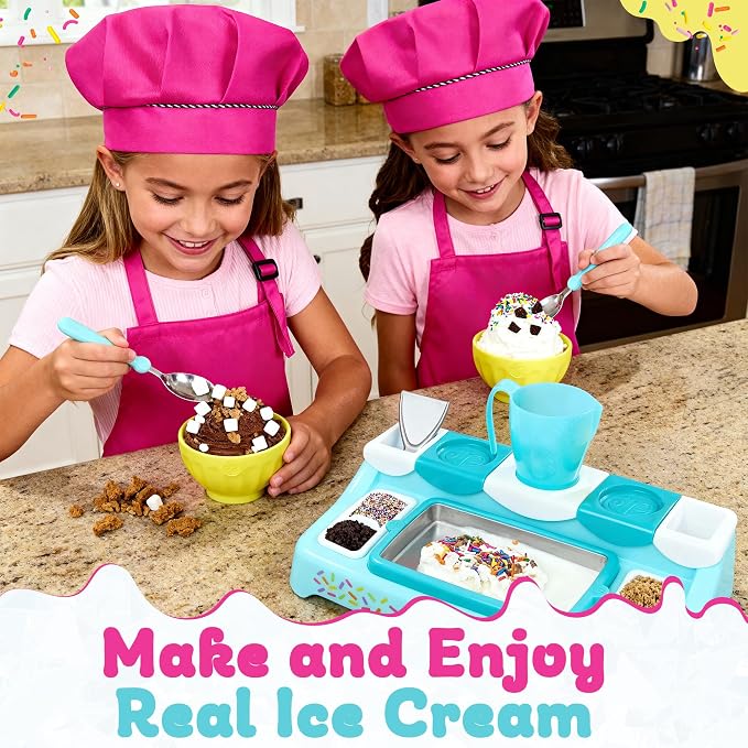 Ultimate Ice Cream Maker for Kids - Interactive Kitchen Playset for Children - Includes Freezing Tray, Bowls, Utensils, 2 Ice Cream Mixes, Apron, Hat, 9 Colorful Stickers (Heroic Hot Pink Bundle)