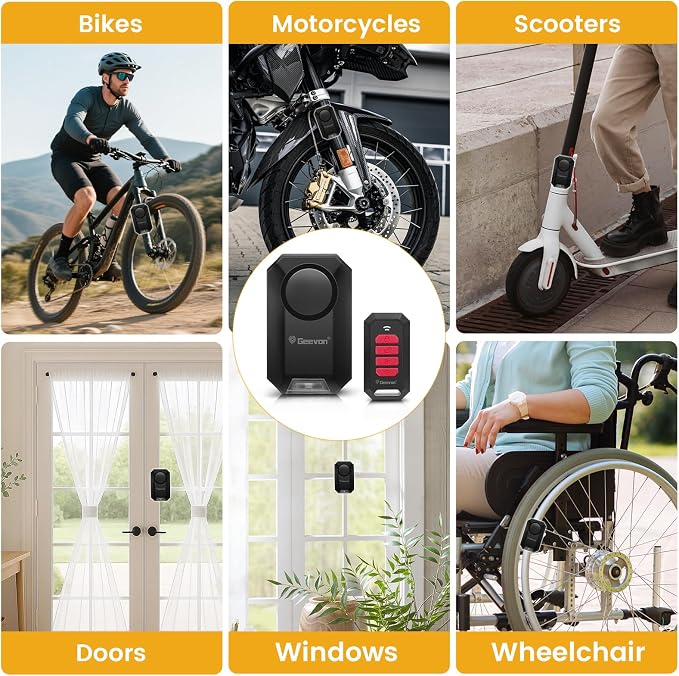 Geevon Bike Alarms for Ebikes, Wireless Bike Alarm with Remote, 135dB Anti-Theft Bicycle Motorcycle Alarm Wireless Security Sensor Alarms, IPX5 Waterproof (1)