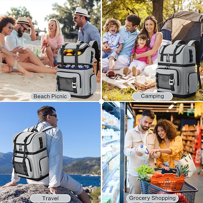 Large Waterproof Insulated Cooler Backpack for Men & Women, Double Decker Leak Proof Cooler Backpack for Beach, Camping, Picnic, Travel, 26L, 44Cans