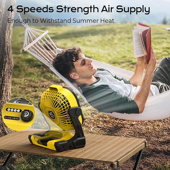 Battery Operated Fan for Dewalt 20V Max battery, Portable Fan with AC Adapter & LED Lights, 4 Speeds & Hook, Cordless/Camping/Battery Powered fan, for Outdoor Jobsite (Battery Not Included)