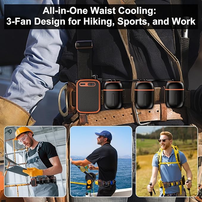 Portable Waist Fan with 3 Small Fans for 10 times Strong Wind & Wide Cooling Area 10000mAh Battery Over 24H Working Time Hands-Free Fan with Belt for Outdoor, Sports, Travel (Black Orange)